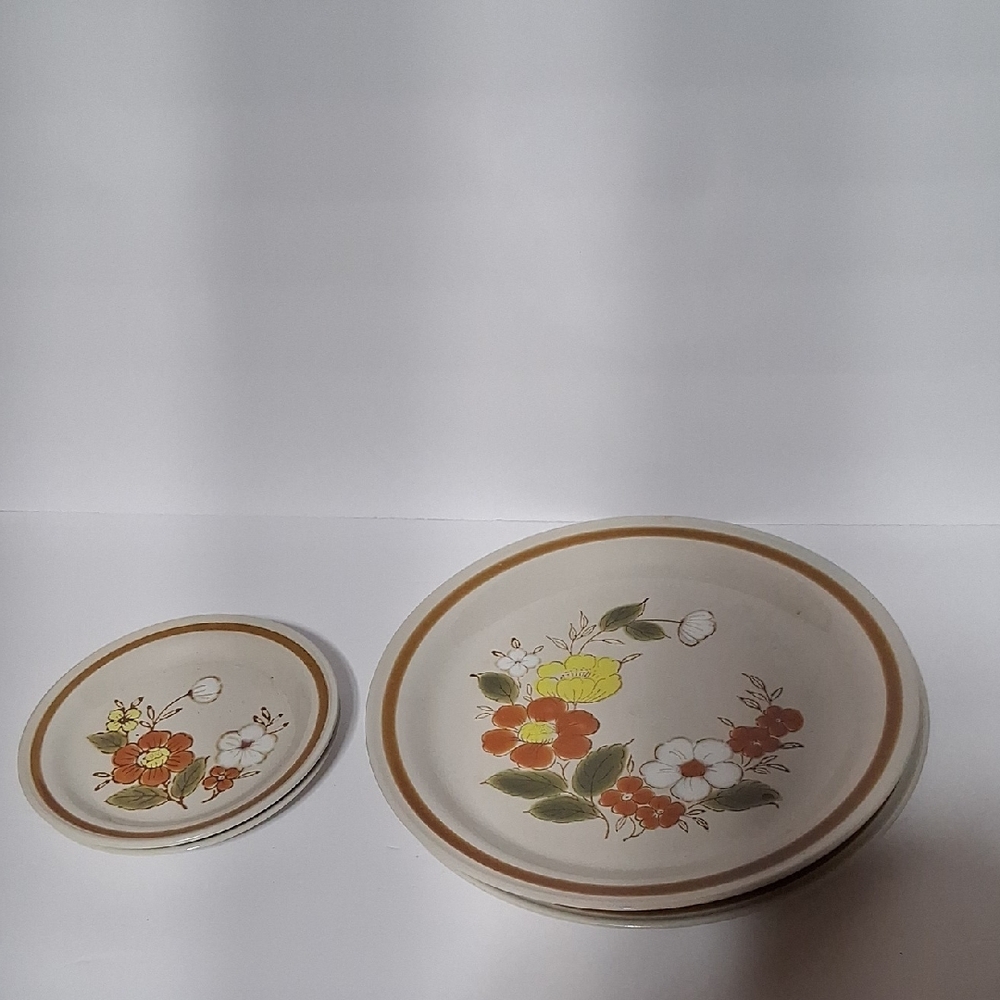 Mountain Wood Stoneware Collection Floral Ceramic Plate Set 2 Plates 2 Saucers.